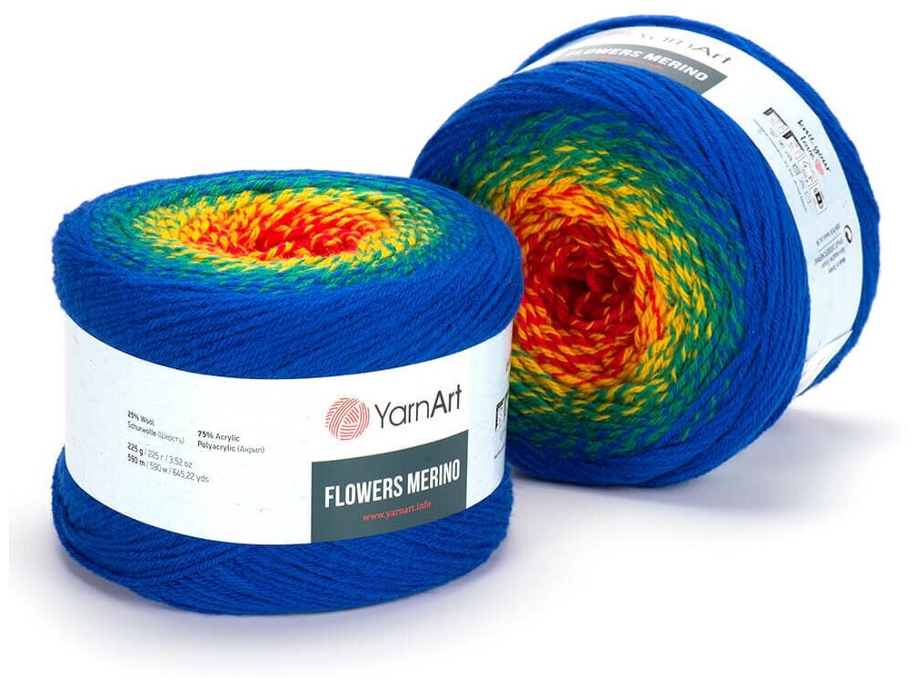Пряжа Yarnart Flowers Merino синий-зеленый-красный-желтый (535), 25%шерсть/75%акрил, 590м, 225г, 2шт