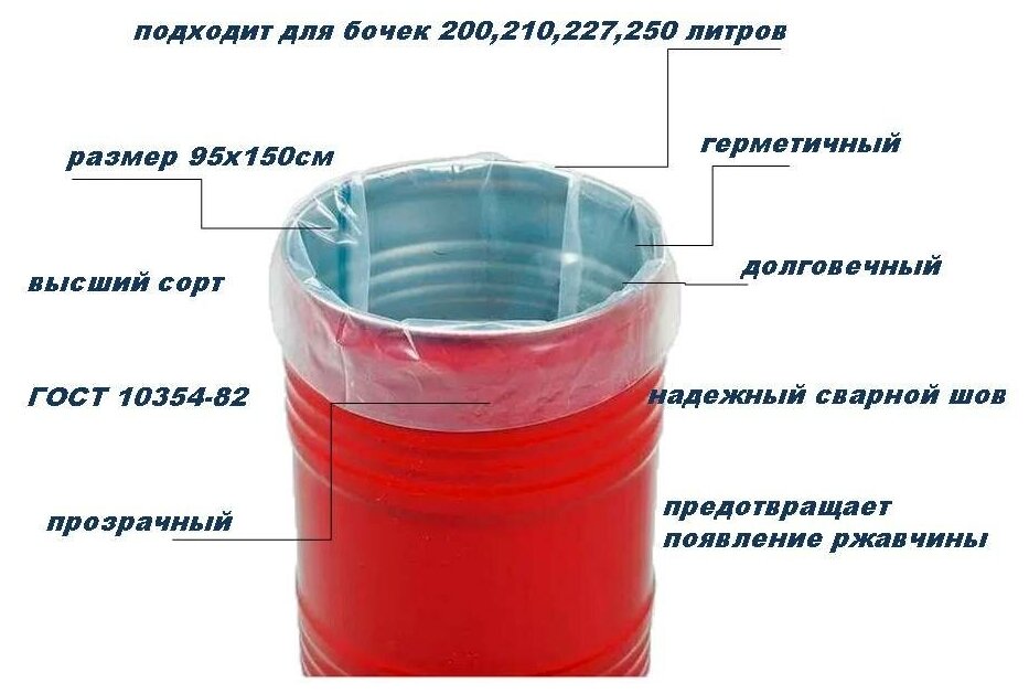 Вкладыш в бочку, 200 литров, 250 литров, 95 × 150 см, 130 мкм, повышенной прочности с УФ-стабилизатором 1шт