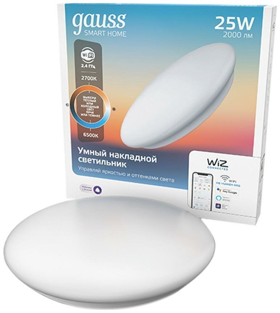 Светодиодный умный светильник Gauss Smart Home CCT+DIM 35W 2700-6500K 2000Лм диммируемый накладной IP20 белый