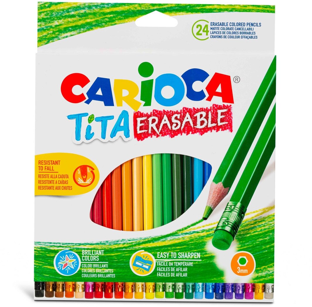 Карандаши цветные пластиковые заточенные "Carioca" "Tita Erasable" 24 цвета 42938 с ластиком