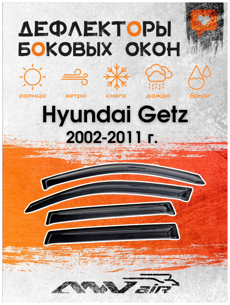 Дефлекторы боковых окон на Hyundai Getz х/б 5 дверей 2002-2011 г. / Ветровики на Хендай Гетц