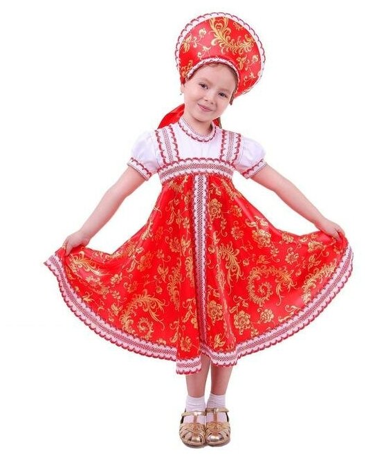 Русский народный костюм с кокошником, красно-бежевые узоры + бомбоны на шнурке, р. 28, рост 104 см