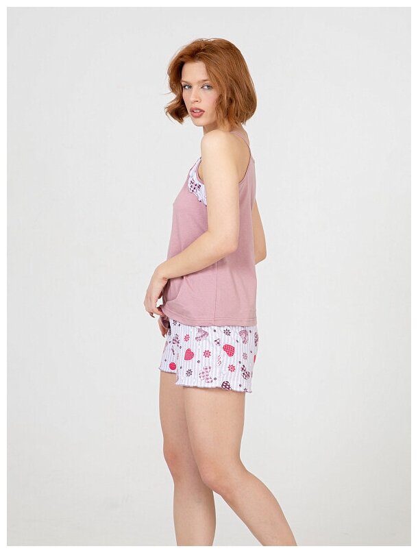 Комплект женский Lilians., пижама, майка-шорты, розовая пудра, банты/принт, размер 48 - фотография № 3