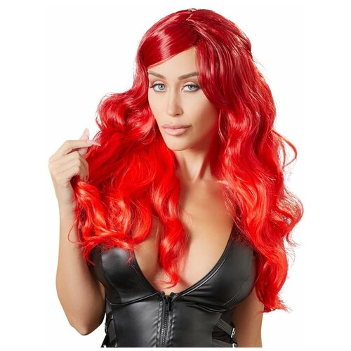 Ярко-красный парик с волнистыми волосами, красный