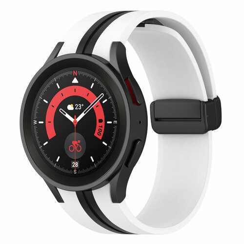 Ремешок с магнитной застежкой для Samsung Galaxy Watch 4 /5 / 5 pro (белый с черной полосой) черный, белый, черный