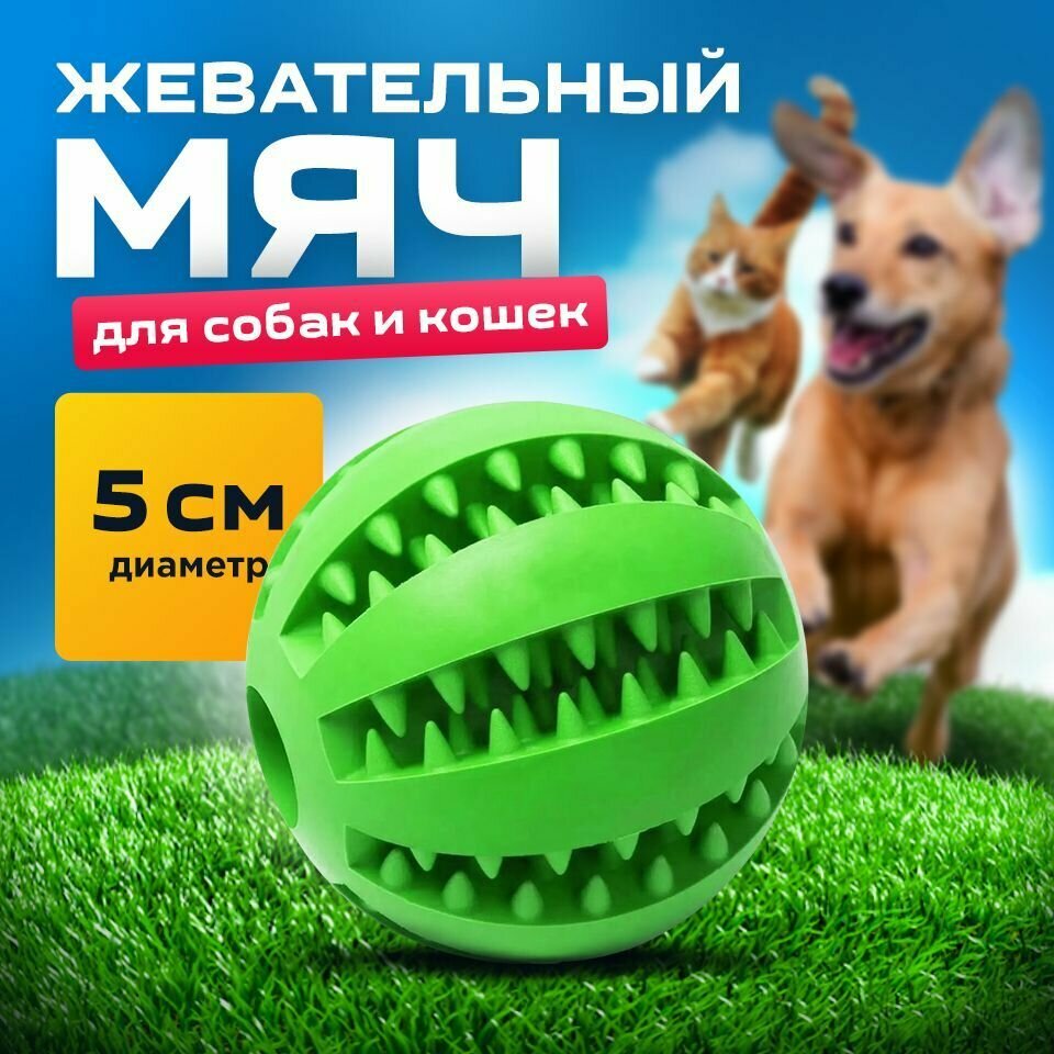 фото Мяч для собак зеленый 5 см/для чистки зубов /развивающая жевательная игрушка для мелких и средних пород