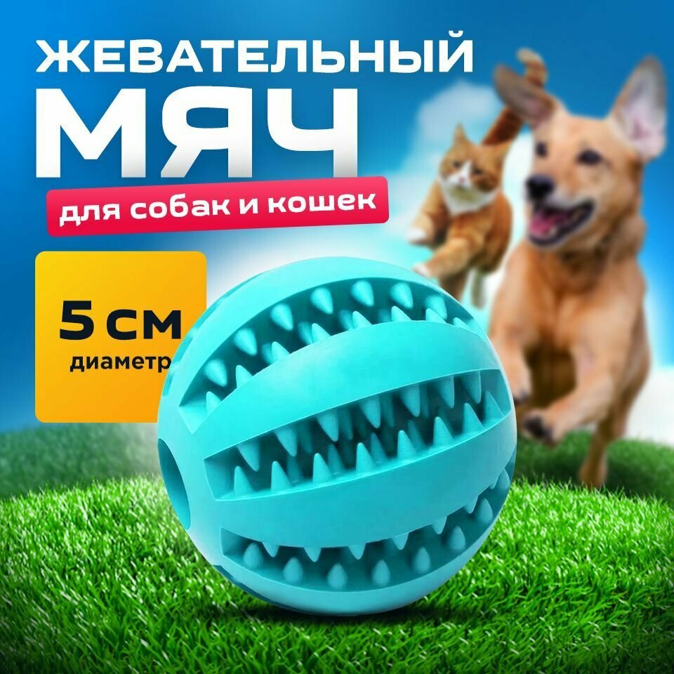 Мяч для собак голубой 5 см/для чистки зубов /развивающая жевательная игрушка для мелких и средних пород