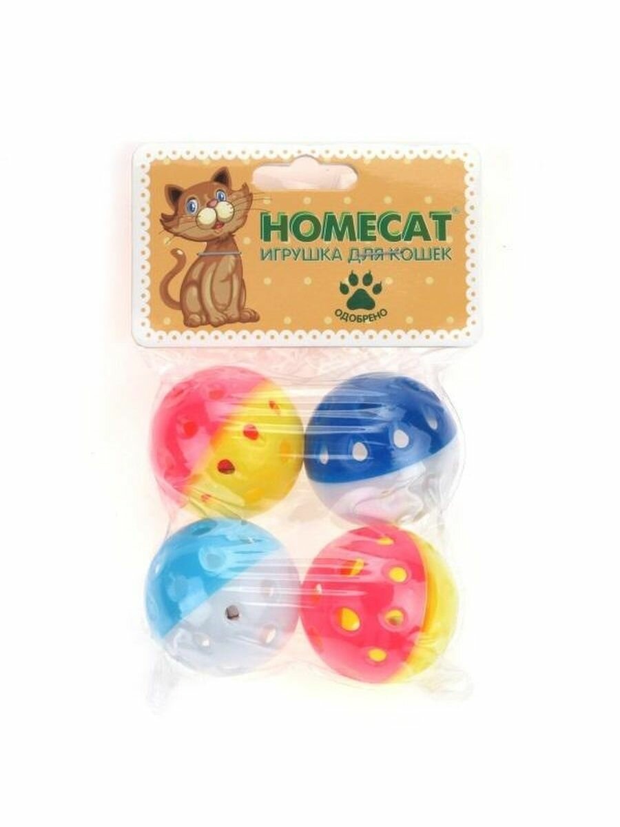 Homecat Игрушка для кошек, мячи пластиковые горошек с колокольчиком, 4 см, 4 шт - 1 упаковка