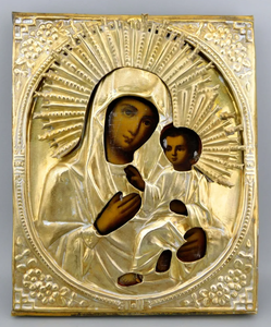 Икона Божией Матери Тихвинская живопись дерево латунь 22х27 см