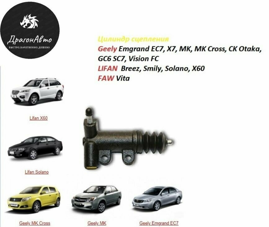 Цилиндр сцепления рабочий Geely Emgrand EC7, X7, MK, MK Cross, CK Otaka, GC6 SC7, Vision FC, Lifan: Breez, Smily, Solano, X60, X70, FAW Vita