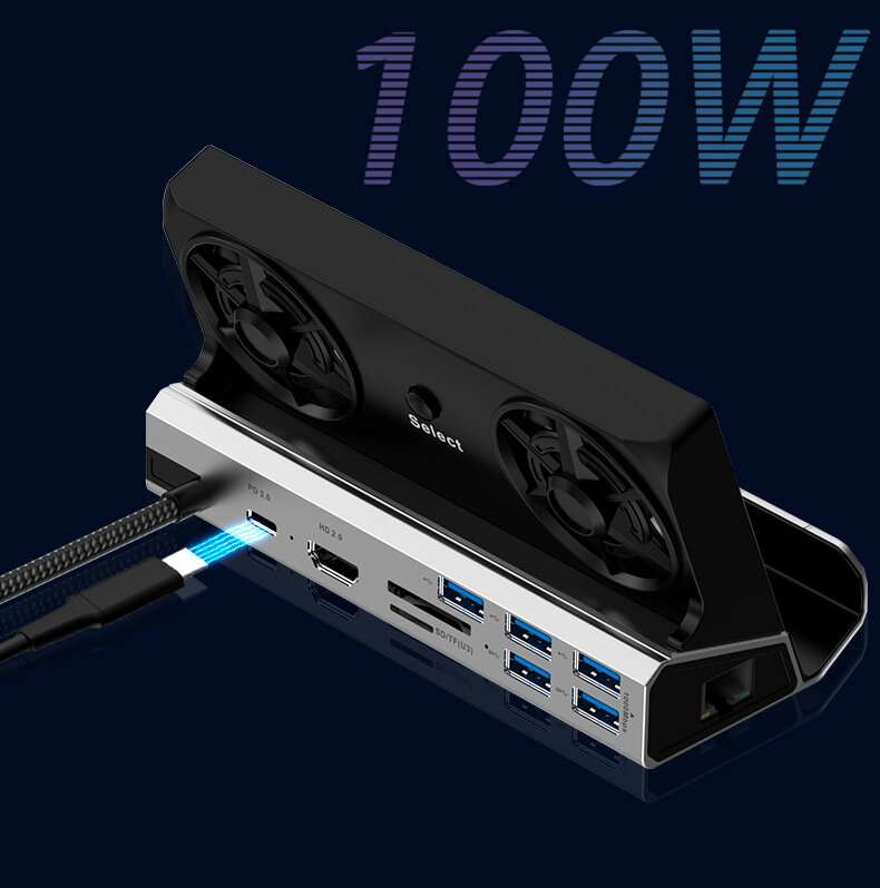 Док-станция с охлаждением для Steam Deck, Nintendo Switch, Rog Ally 10 в 1 в металлическом корпусе с вентиляторами, зарядное устройство, подставка — фото 1