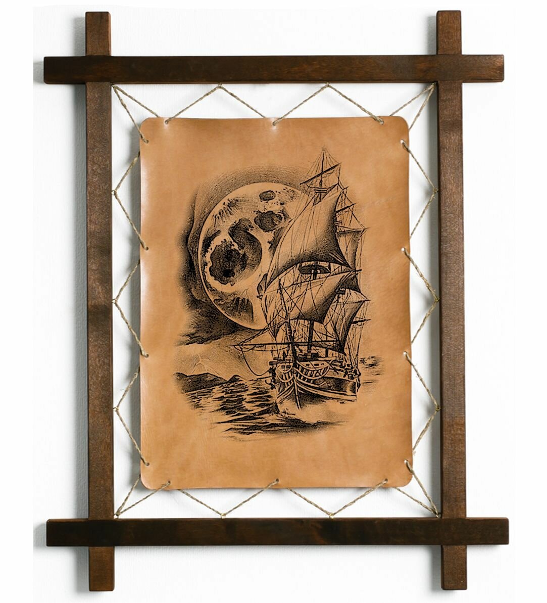 Картина "Парус", интерьерная для украшения и декора на стену, деревянной раме, подарок, натуральная кожа, BoomGift