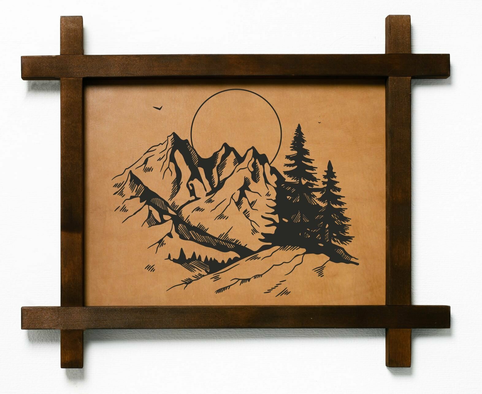 Картина "Горы", интерьерная для украшения и декора на стену кухни гостиной детской комнаты спальни в деревянной рамке, подарок, натуральная кожа, BoomGift