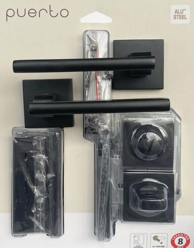 Изображение товара Комплект дверной фурнитуры PUERTO (ручка дверная межкомнатная, защелка с/у, петли накладные без врезки), черный