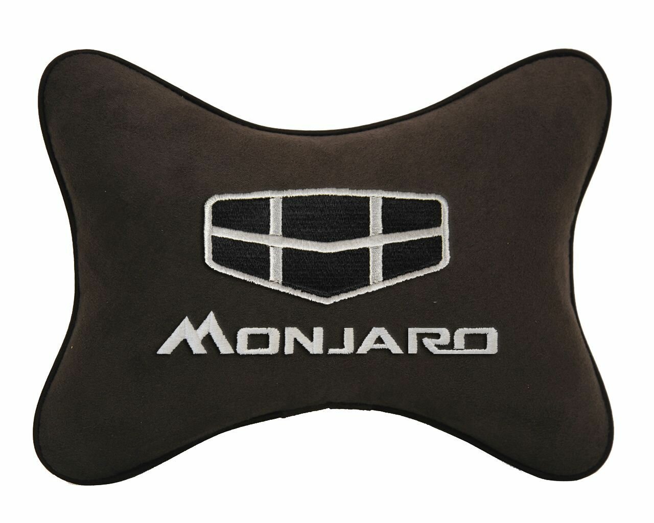 Автомобильная подушка на подголовник алькантара Coffee с логотипом автомобиля GEELY Monjaro