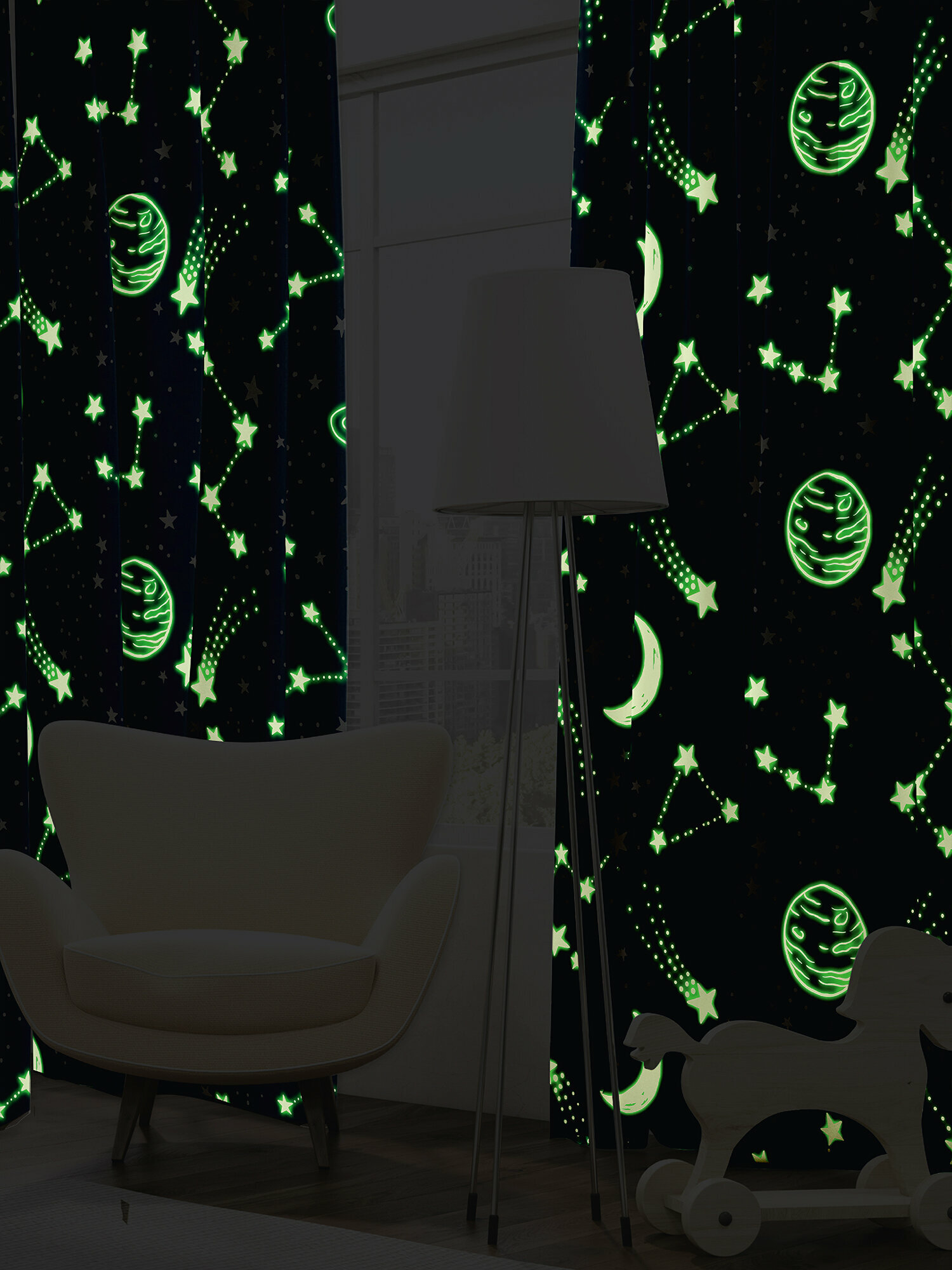 Шторы комплект в детскую комнату 2шт 150х260 Космос светится — фото 1