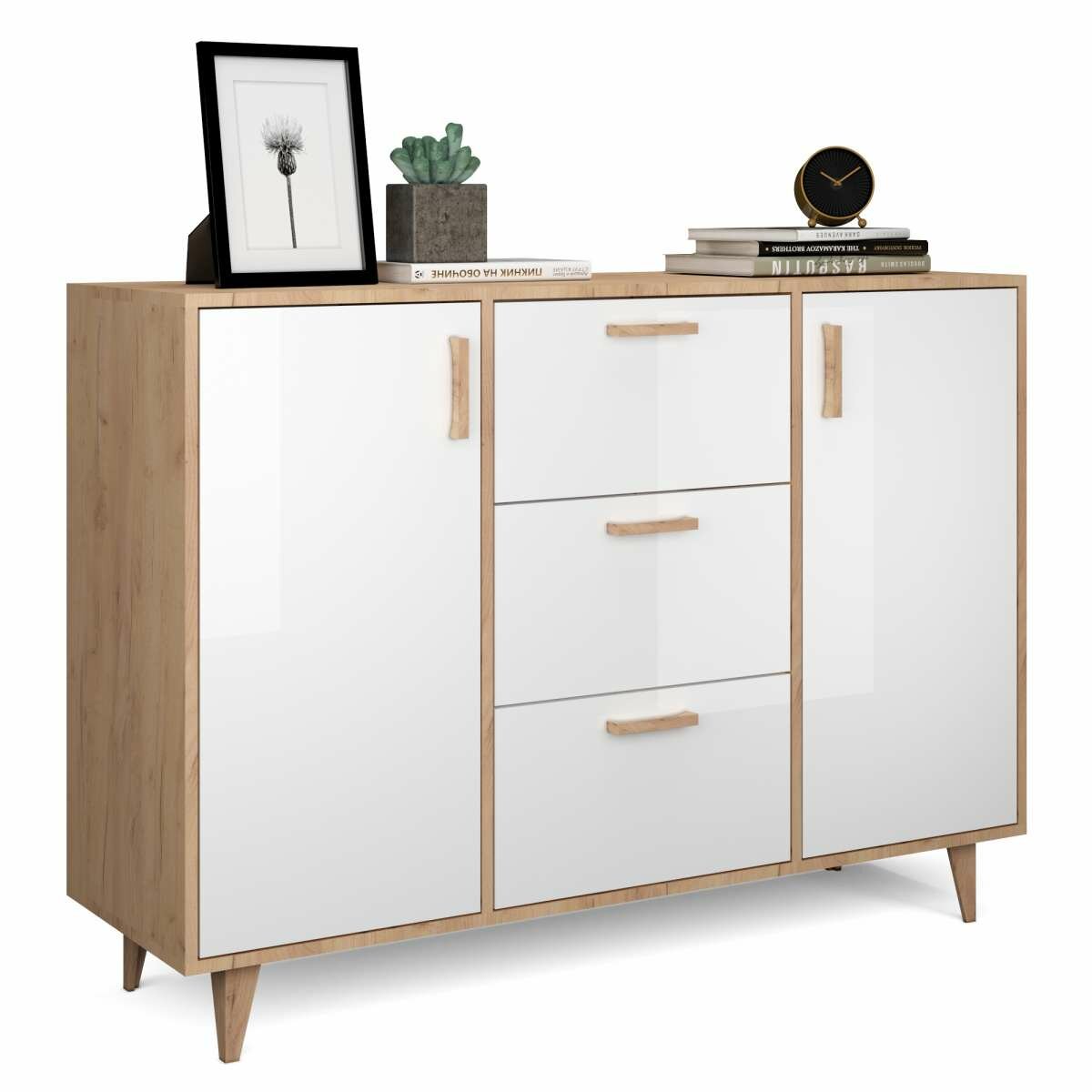 фото Комод К-2 Эго (НГ) Дуб Крафт Золотой/Белый Глянец 130x41x93