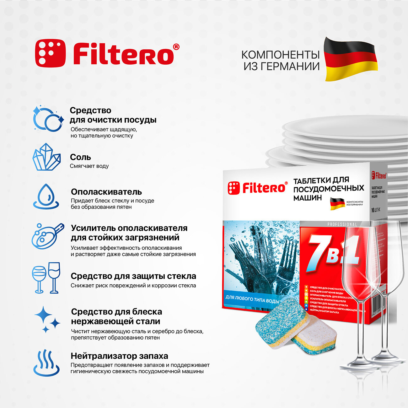Таблетки для посудомоечной машины Filtero 7 в 1, 16 шт., коробка - фотография № 2
