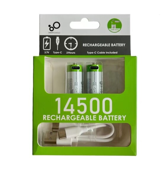 Аккумуляторные батарейки тип 14500 3.7V, 700 mAh с USB type-C кабелем, 2 штуки.