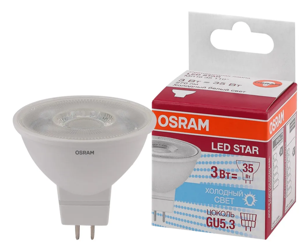 Лампочка светодиодная OSRAM LED Star MR16, 250лм, 3.4Вт, 6500К, холодный белый свет, Цоколь GU5.3, MR16, софит, прозрачная