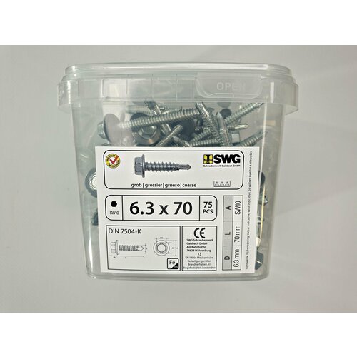 Саморез по металлу (кровельный) SW10 DIN 7504-K с фланцем 6.3x70 (75 pcs) SWG, Германия