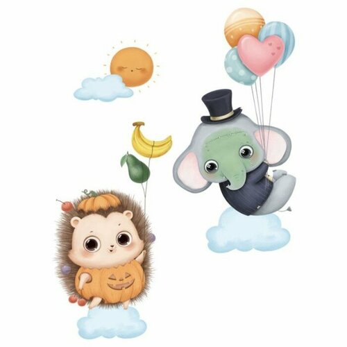 Наклейка пластик интерьерная цветная Слонёнок и ёжик 30х20 см 594₽