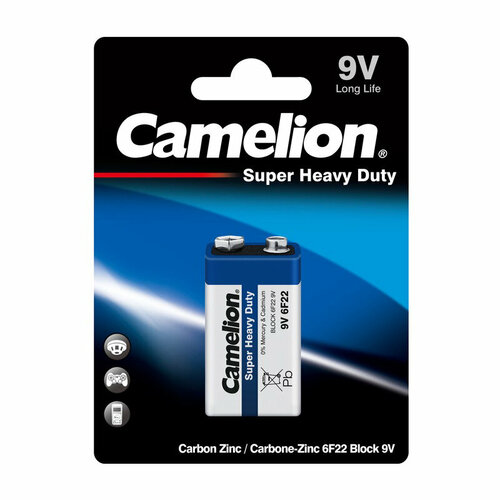 батарейки солевые camelion тип c 1 5в 6 упаковок по 2 шт Батарейка солевая CAMELION BLUE SUPER HEAVY DUTY 3218, 6F22, Крона, 9В, 190 мАч, упаковка 1шт