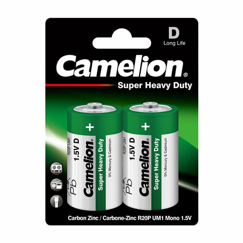 Батарейки солевые CAMELION SUPER HEAVY DUTY 1671, R20, D, 1.5В, 8000 мАч, упаковка 2шт батарейки camelion r20 sr 2 12 шт