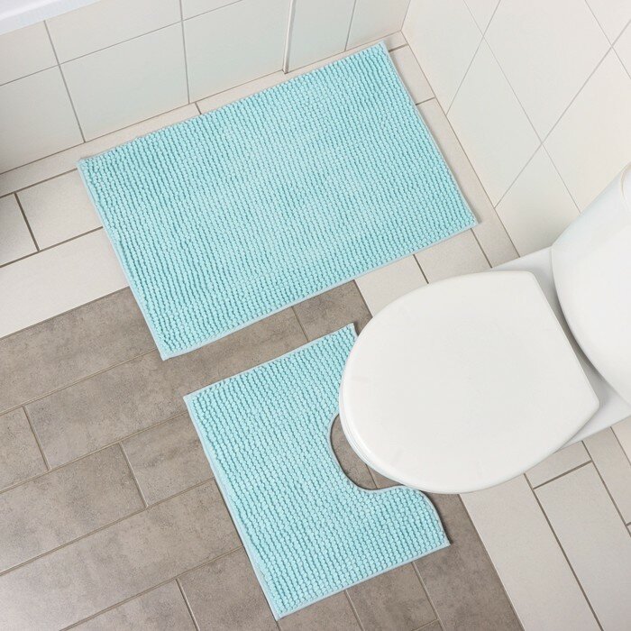 Набор ковриков для ванны и туалета Доляна «Букли» 2 шт 40×50 50×80 см цвет голубой