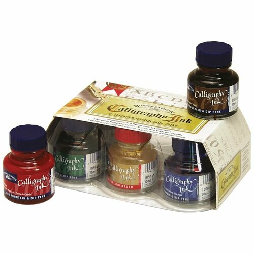 фото Набор туши художественной winsor&newton для каллиграфии, 6цв, 30мл (чер, алый, темно-синий, зел, сепия, золотой), стекл. флакон, в картон. коробке