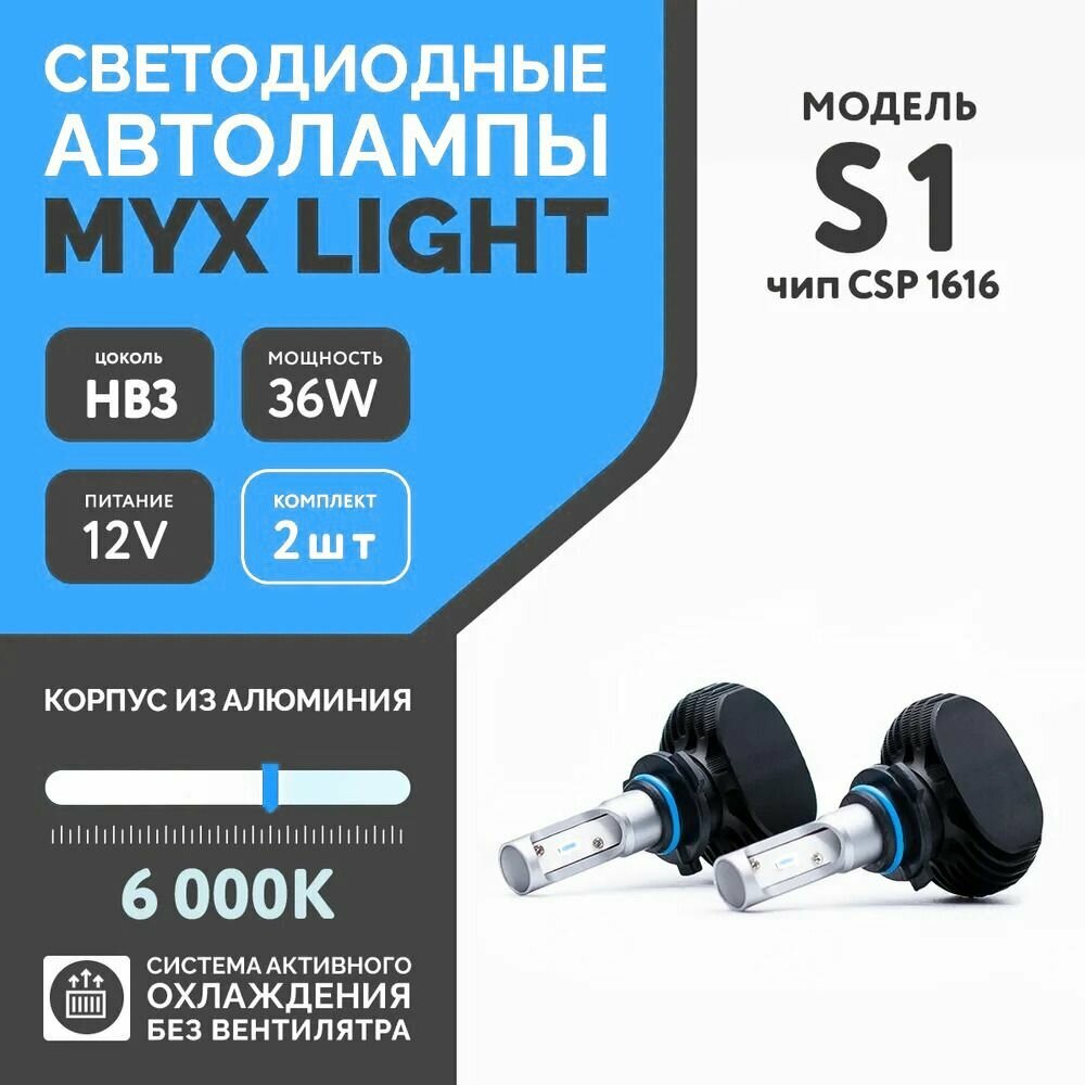 Светодиодные лампы для автомобиля MYX S1 цоколь HB3(9005) с напряжением 12V и мощностью 36 W чип CSP 1616 температура цвета 6000K цена за 2шт.