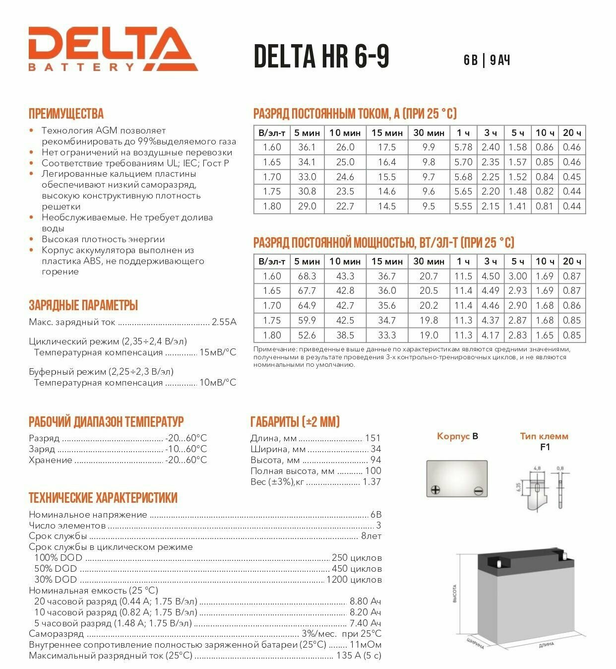 Аккумуляторная батарея DELTA Battery HR 6-9 (634W) 6В 9 А·ч - фото №8