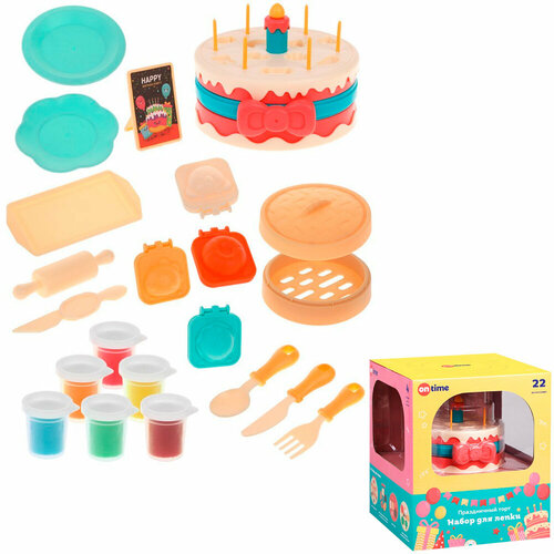 Набор для творчества Праздничный торт тесто 6 цветов, 260 г, пластиковый торт 22 аксессуара 45090 набор для творчества восковая свеча праздничный торт
