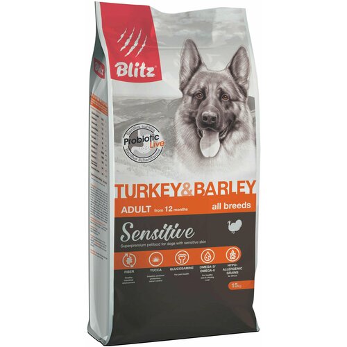 Сухой корм для взрослых собак всех пород Blitz 15кг Adult Sensitive Turkey&Barley Индейка и ячмень