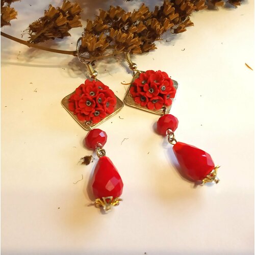 Серьги двусторонние GulNara, полимерная глина, размер 70 мм, красный