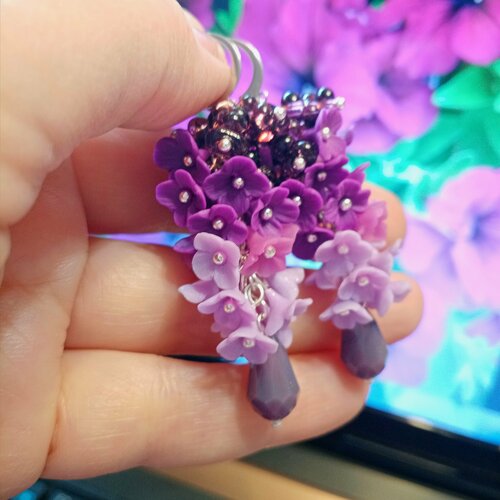 Серьги с подвесками GulNara, стекло, полимерная глина, бисер, размер 60 мм, фиолетовый