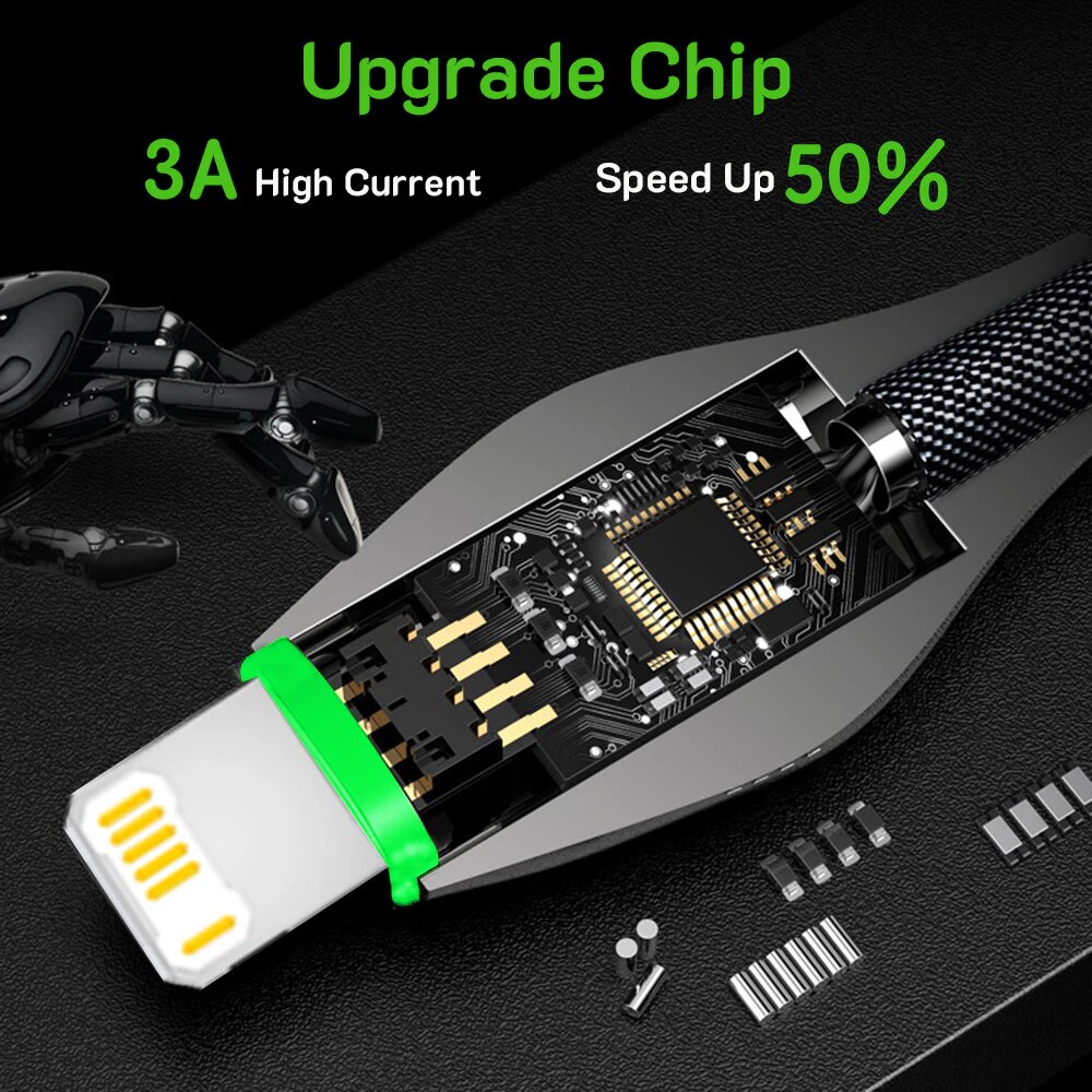 Кабель зарядный HEEMAX USB - Lightning, 3 A, 1 метр, индикатор, быстрая зарядка для Iphone 11, 12, 13, 14, 6, 6s, 7, 8, iPad, AirPods, (Черная Мамба) — фото 2