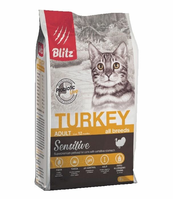 Сухой корм для взрослых кошек Blitz 2кг Adult Sensitive Turkey Индейка/Блиц Сухой корм для кошек