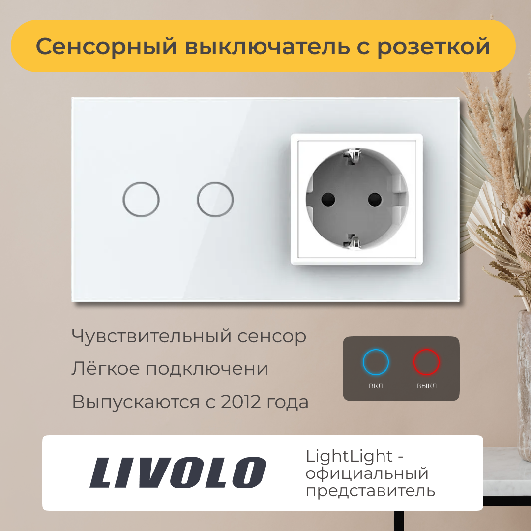 Двухклавишный сенсорный выключатель Livolo с розеткой (VL-C702/C1EU-11)