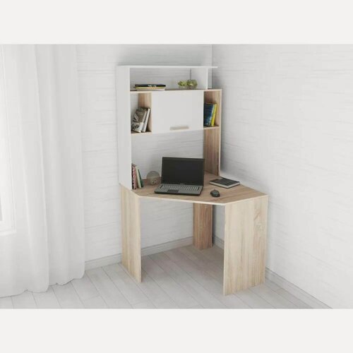 Изображение товара Компьютерный стол "Квартет-12" Дуб Сонома/Белый с тиснением "Древесные поры" ЛДСП, с полками, для спальни, гостиной, детской, кабинета 1752х900х900 тэкс