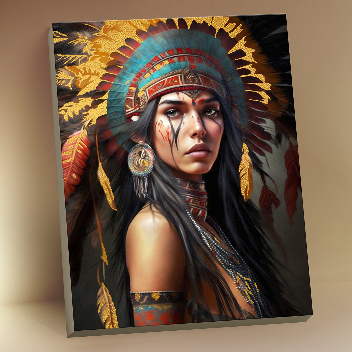 Картина по номерам с поталью (40х50) Девушка индеец (29 цветов) HR0600