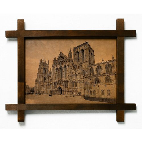 Картина Йоркский собор, гравировка на натуральной коже, интерьерная для украшения и декора на стену в деревянной раме, подарок, BoomGift