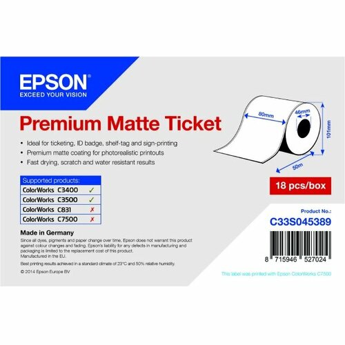 Бумага EPSON Premium MatteTicket (80 мм) 107 г/м2, 50 метров, C33S045389