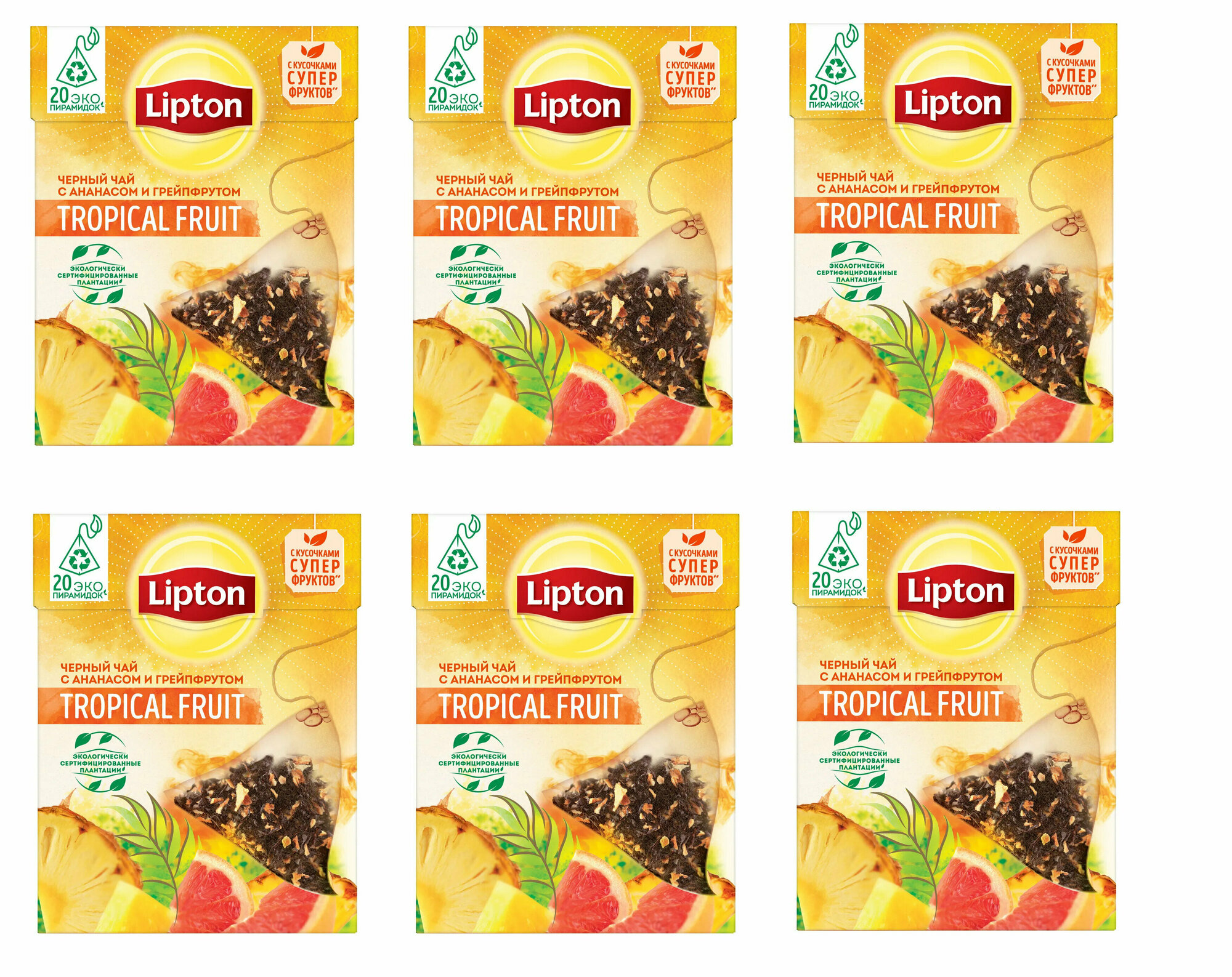 Lipton черный чай в пирамидках Tropical Fruit с ананасом и грейпфрутом 20 пакетиков, 6 упаковок