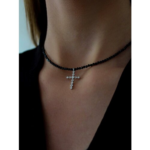 Чокер Чокер черный шпинель с подвеской крест с цирконом, циркон, длина 40 см, черный