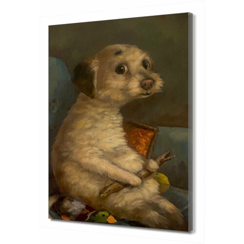 Большая картина на холсте "Собачка с палочкой" PRC-1750 (70x105см). Натуральный холст