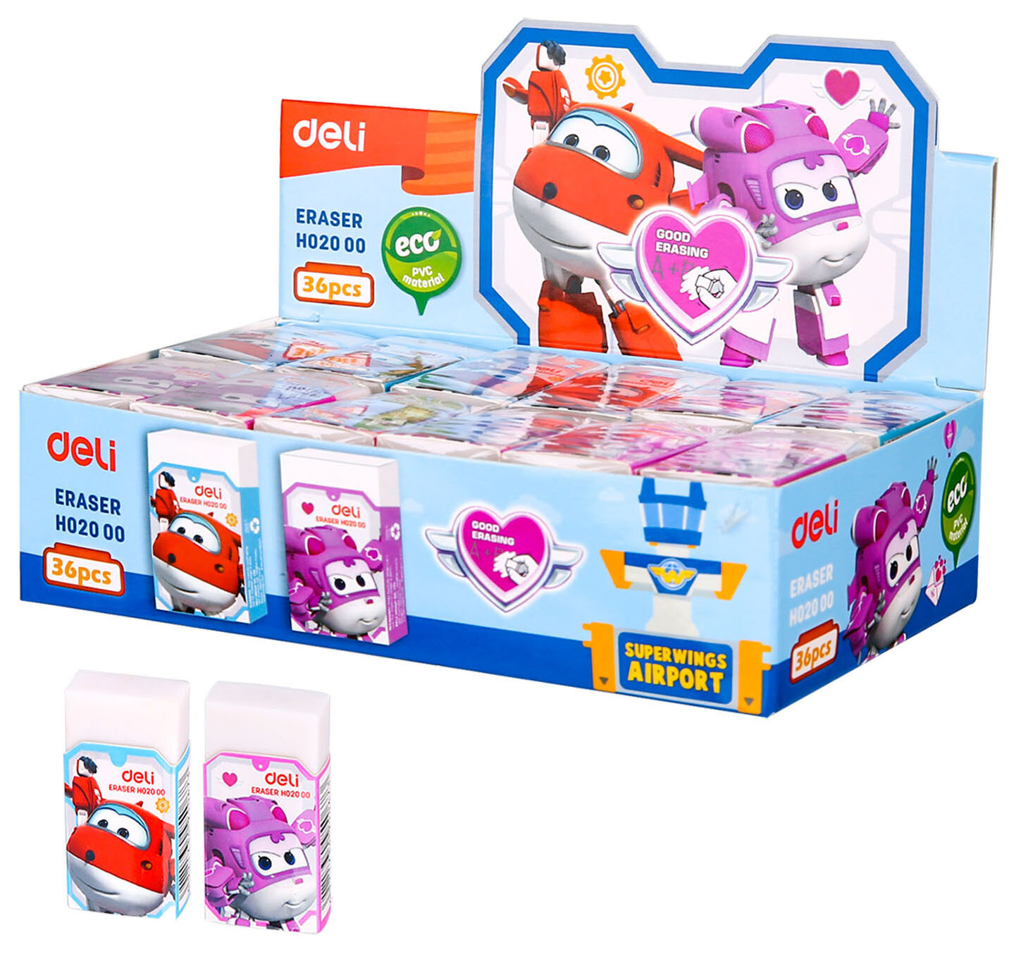 Ластик Deli EH02000 Super Wings 45x25x12мм белый картонный дисплей