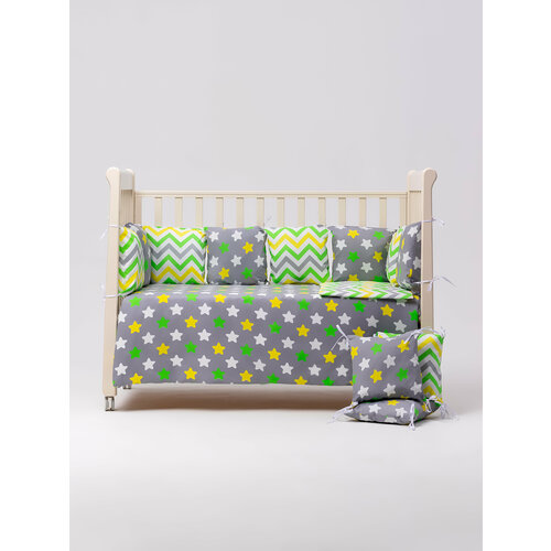 Комплект постельного белья с бортиками в детскую кроватку AB PRIMA Лимонные звёзды 19 предметов