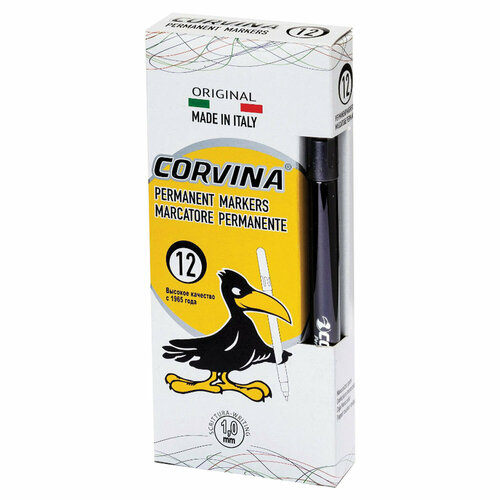 Маркер перманентный (нестираемый) CORVINA, тонкий наконечник 1 мм, черный, Италия, 42953/01 12 шт
