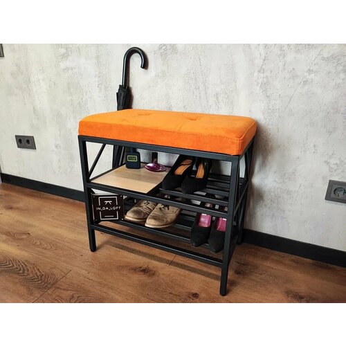 Обувница с мягкой сидушкой из массива дерева и металла, Этажерка для обуви в стиле Лофт лаконичного и современного дизайна. 60*34*50см